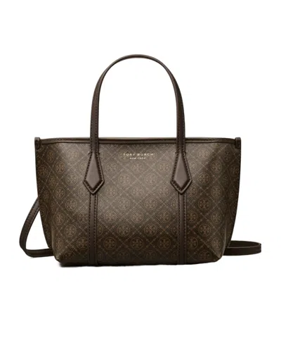 Tory Burch Mini Perry T Monogram Coated Canvas Tote In Brown