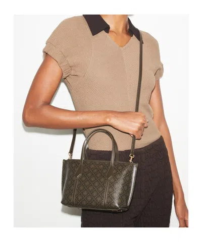 Tory Burch Mini Perry T Monogram Coated Canvas Tote In Brown