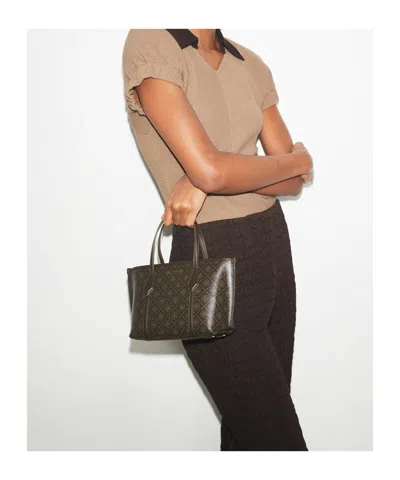 Tory Burch Mini Perry T Monogram Coated Canvas Tote In Brown