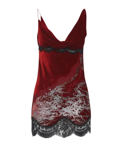Roberto Cavalli Mini Slip Dress With Deep Cowl Neckline And Abstract Pattern In Red