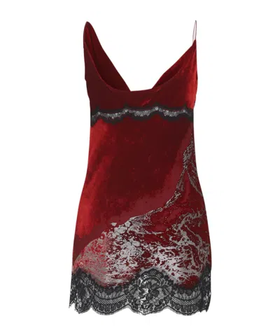 Roberto Cavalli Mini Slip Dress With Deep Cowl Neckline And Abstract Pattern In Red