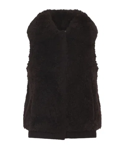 Yves Salomon Textured Lamb Hair Wool Vest With High Collar In Brown