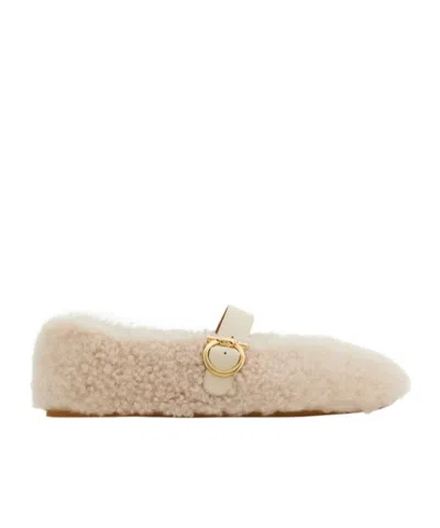 Ferragamo Gancio Genuine Shearling Ballet Flat In Neutral