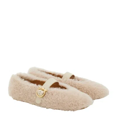 Ferragamo Gancio Genuine Shearling Ballet Flat In Neutral