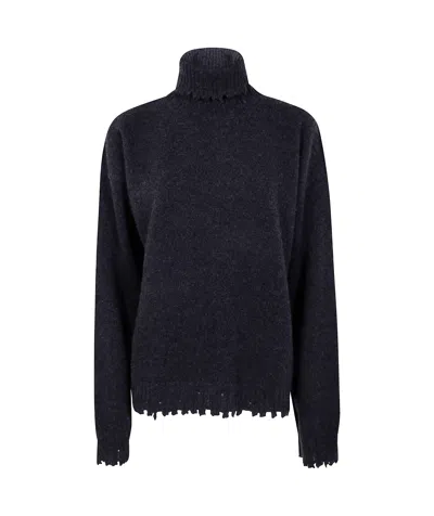 Uma Wang Knitwear Turtleneck Ribbed Distressed Hem Long Sleeves In Black