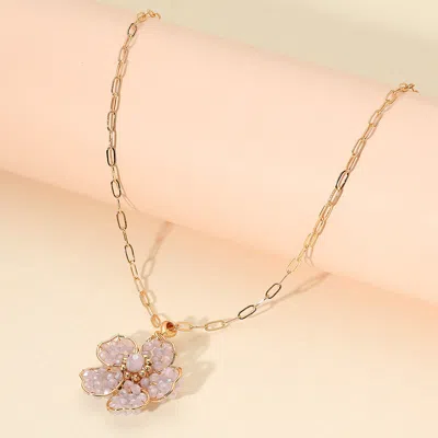 Fashnzfab Beaded Flower Pendant Paperclip Chain Necklace In Purple