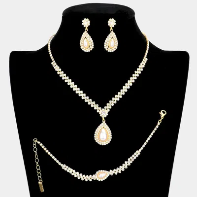 Fashnzfab 3pcs - Teardrop Pearl Accented Rhinestone Necklace Jewelry Set In Gold