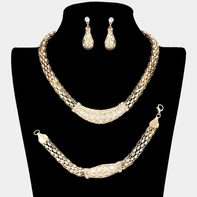 Fashnzfab 3pcs - Crystal Rhinestone Metal Mesh Necklace Jewelry Set In Gold