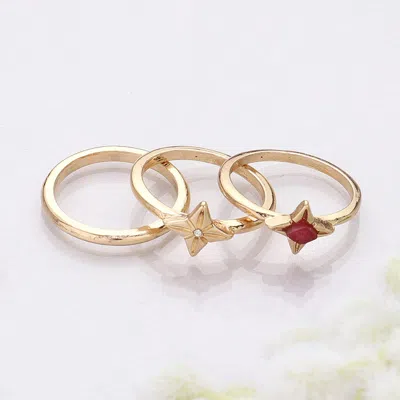 Fashnzfab 3pcs - Semi Precious Rhinestone Embellished Metal Band Mixed Rings In Gold