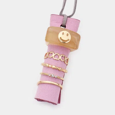 Fashnzfab 5pcs - Smile Accented Resin Metal Heart Mixed Rings In Pink