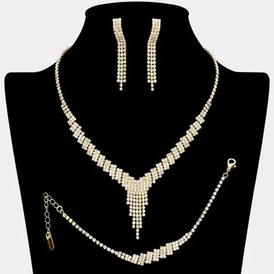 Fashnzfab Rhinestone Paved Fringe V Shaped Necklace Jewelry Set In Silver