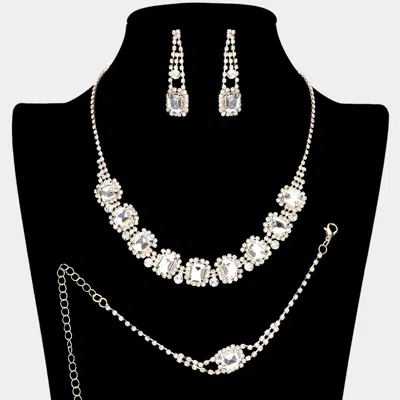 Fashnzfab 3pcs - Emerald Cut Stone Accented Rhinestone Necklace Jewelry Set In Gold