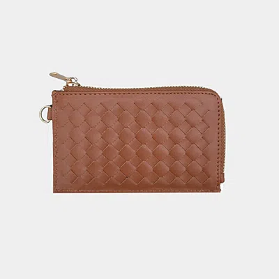 Fashnzfab Faux Leather Basket Weave Flat Card Holder Wallet With Wristlet In Brown