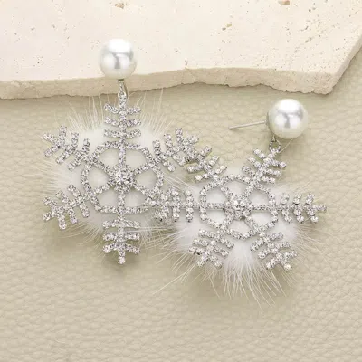 Fashnzfab Pearl Pointed Stone Paved Snowflake Pom Pom Dangle Earrings In Metallic