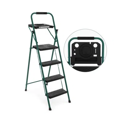 Hivvago Folding 4-step Ladder With Tool Tray Non-slip Footpads And Pedals