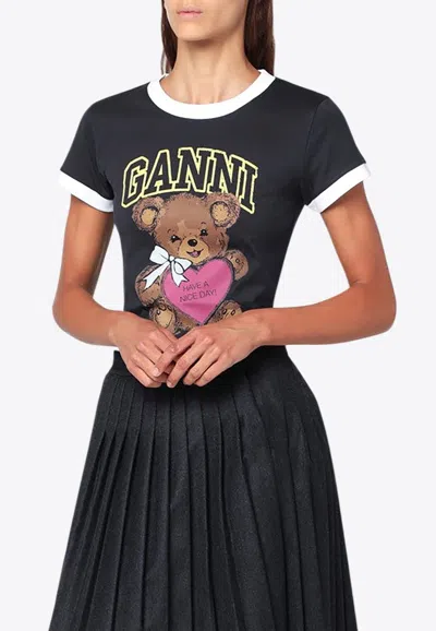 Ganni Graphic Print Crew Neck Short Sleeve Top In Black