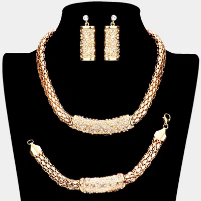 Fashnzfab 3pcs - Rhinestone Embellished Clover Detailed Necklace Jewelry Set In Gold