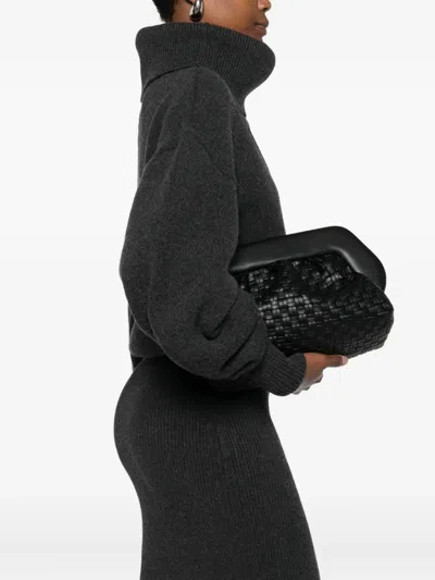 Themoirè Tia Black Clutch Bag With Woven Straw Motif And Shoulder Strap In Black