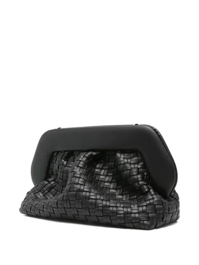 Themoirè Tia Black Clutch Bag With Woven Straw Motif And Shoulder Strap In Black