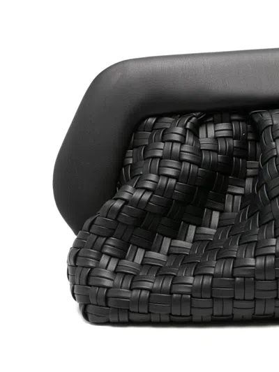 Themoirè Tia Black Clutch Bag With Woven Straw Motif And Shoulder Strap In Black