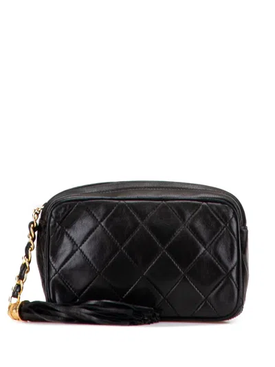 Pre-owned Chanel 1989-1991 Quilted Lambskin Tassel Pouch In Black