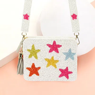 Fashnzfab Seed Beaded Star Patterned Rectangle Tassel Crossbody Bag In Multi