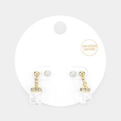 Fashnzfab 2pairs - 14k Gold Dipped Pearl Stud Square Dangle Earrings In Multi