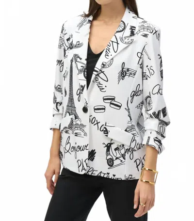 Joseph Ribkoff Silky Knit Conversational Print Straight Blazer Jacket In Vanilla/black In White