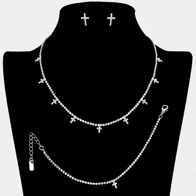 Fashnzfab Cross Cz Stone Station Rhinestone Paved Necklace Jewelry Set In Silver