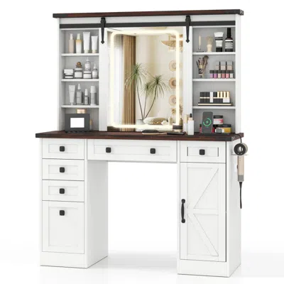 Hivvago Farmhouse Vanity Desk With Barn-style Sliding Mirror And 3 Lighting Modes