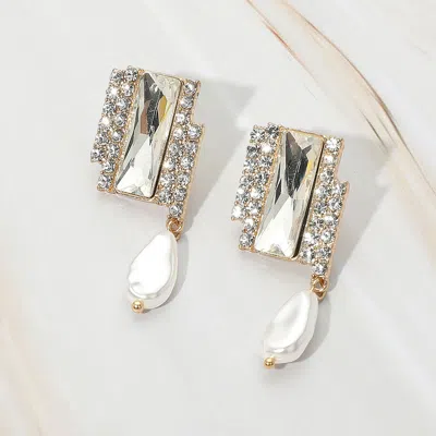 Fashnzfab Rectangle Stone Accented Teardrop Freshwater Pearl Link Dangle Evening Earrings In Gold