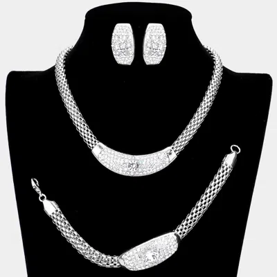 Fashnzfab 3pcs - Round Stone Accented Rhinestone Necklace Jewelry Set 15.5" + 3" L In Silver