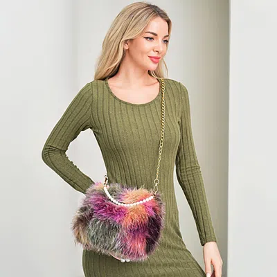 Fashnzfab Pearl And Chain Strap Fluffy Fuzzy Faux Fur Handbag / Crossbody Bag In Multi