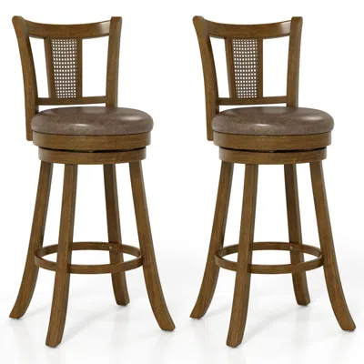 Hivvago Set Of 2 Bar Stools With Pe Rattan Backrest And Rubber Wood Frame