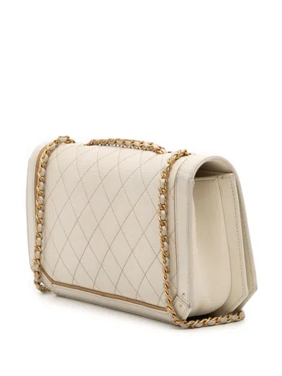 Pre-owned Chanel 2017-2018 Medium Quilted Calfskin Octagon Cc Clasp Flap Crossbody Bag In White