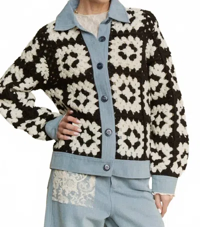 Davi & Dani Crochet Bodice & Denim Detail Button Front Shirt Jacket In Black Multi In Black