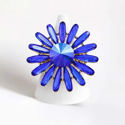 Fashnzfab Round Teardrop Stone Flower Stretch Ring In Blue