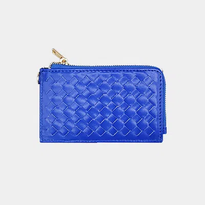 Fashnzfab Faux Leather Basket Weave Flat Card Holder Wallet With Wristlet In Blue