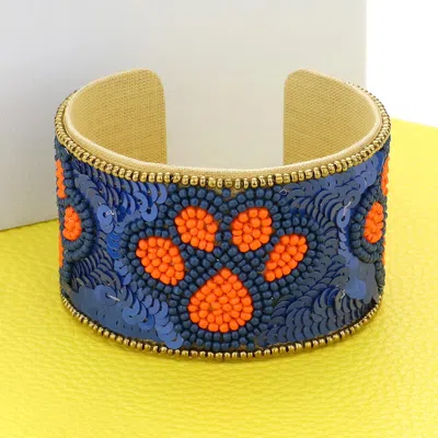 Fashnzfab Game Day Sequin Seed Beaded Paw Accented Cuff Bracelet In Multi