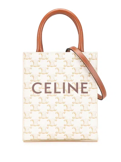 Pre-owned Celine 2021 Mini Triomphe Coated Canvas Vertical Cabas Satchel In White