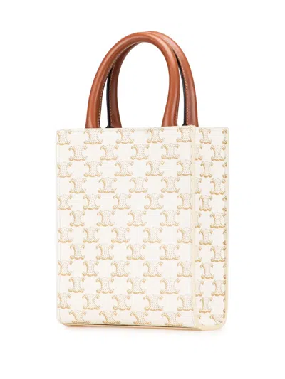 Pre-owned Celine 2021 Mini Triomphe Coated Canvas Vertical Cabas Satchel In White