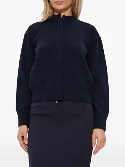 Max Mara Merino Wool Bomber Jacket With High Collar In Blue