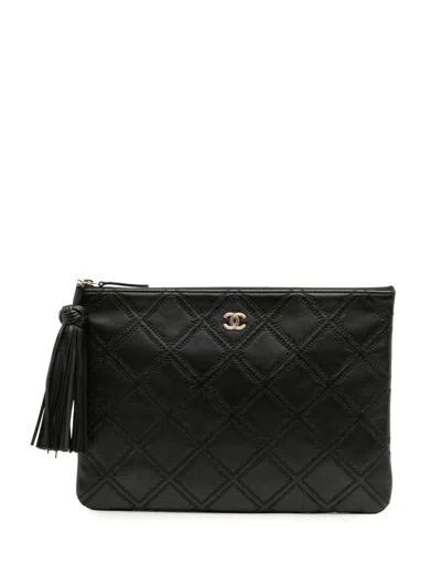 Pre-owned Chanel 2017-2018 Medium Quilted Lambskin Double Stitch Tassel O Case Clutch Bag In Black