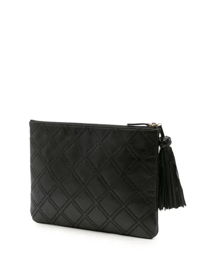 Pre-owned Chanel 2017-2018 Medium Quilted Lambskin Double Stitch Tassel O Case Clutch Bag In Black