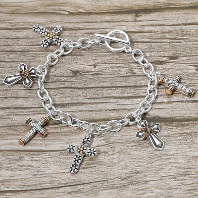 Fashnzfab Antique Metal Multi Cross Charm Station Toggle Bracelet In Multi