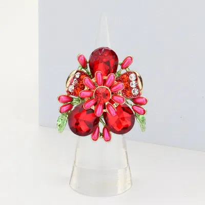 Fashnzfab Pearl Embellished Teardrop Stone Accented Flower Stretch Ring In Red