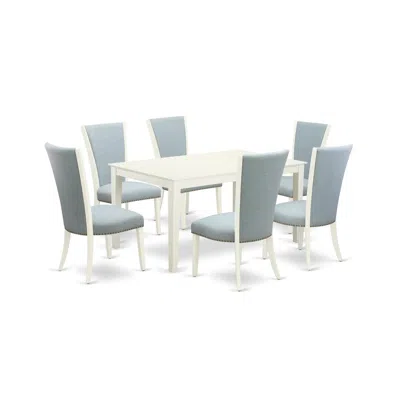 East West Furniture A Modern Dining Table Set Of 6 Wonderful Parson Chairs With Linen Fabric Baby Blue Color And A Fanta In White