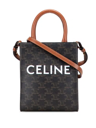 Pre-owned Celine 2000-2025 Mini Triomphe Coated Canvas Vertical Cabas Satchel In Brown