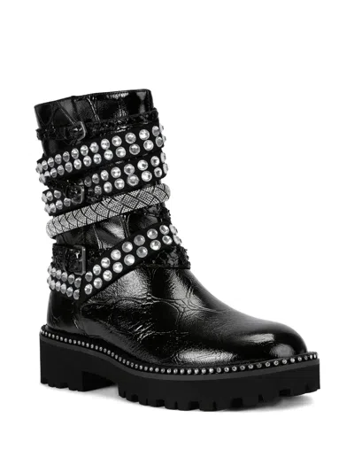 Kurt Geiger Crystal-embellished Multi-strap Biker Boots In Black