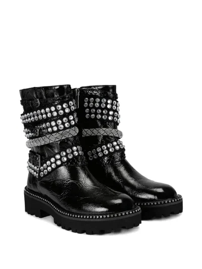 Kurt Geiger Crystal-embellished Multi-strap Biker Boots In Black